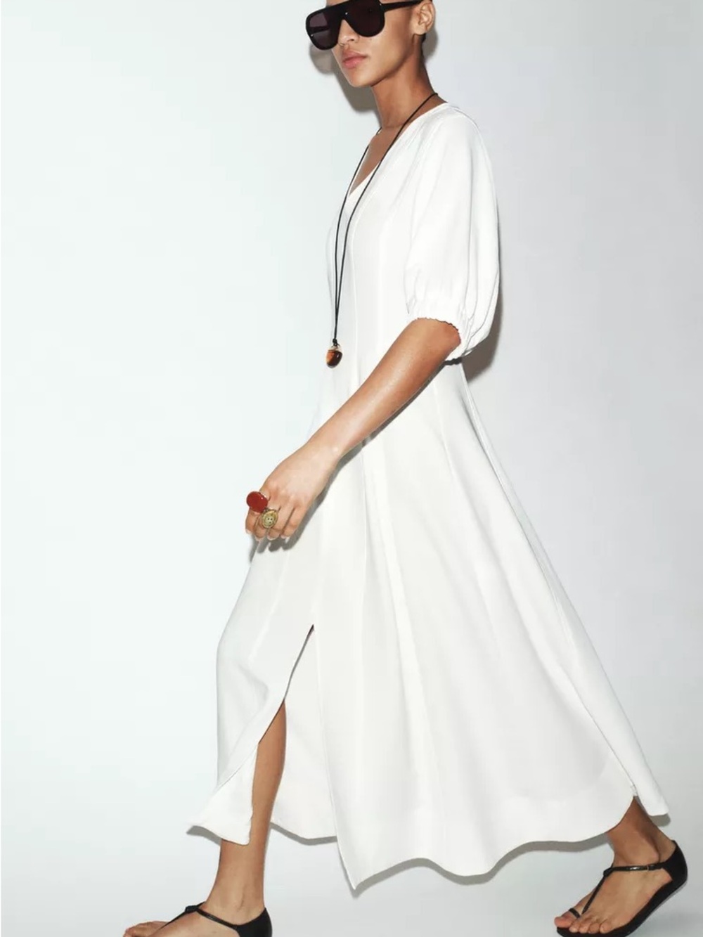 Zara White V-Neck Maxi Dress with Puff Sleeves